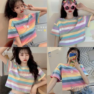 🌈เสื้อยืดแขนสั้นสีรุ้ง แฟชั่นเกาหลี เสื้อยืดน่ารัก เสื้อเชิ้ตสวย ๆ แฟชั่นผู้หญิง K146