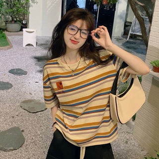 Suxi เสื้อยืดลําลอง คอกลม แขนสั้น ลายทาง ทรงหลวม เข้ากับทุกการแต่งกาย แฟชั่นฤดูร้อน สําหรับสตรี