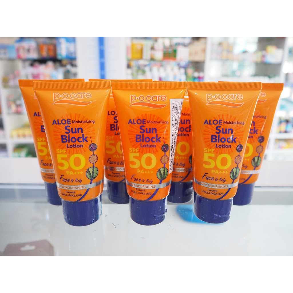 Exp.06/2021 PO care ครีมกันแดด aloe sun block SPF 50 PA+++ 45ml, 115ml (P.O. care)