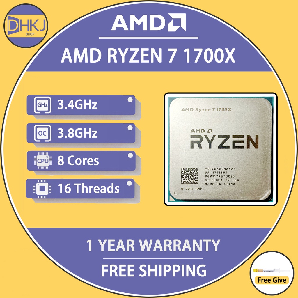 ใช้ AMD Ryzen 7 1700X R7 1700X 3.4 GHz แปด-Core CPU โปรเซสเซอร์ YD170XBCM88AE ซ็อกเก็ต AM4 ไม่มีพัดล