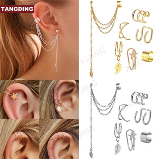 【COD Tangding】7pcs/set Metal Leaf Fringe Earring Clip Earring Holeless Set Personalized Earring Clip