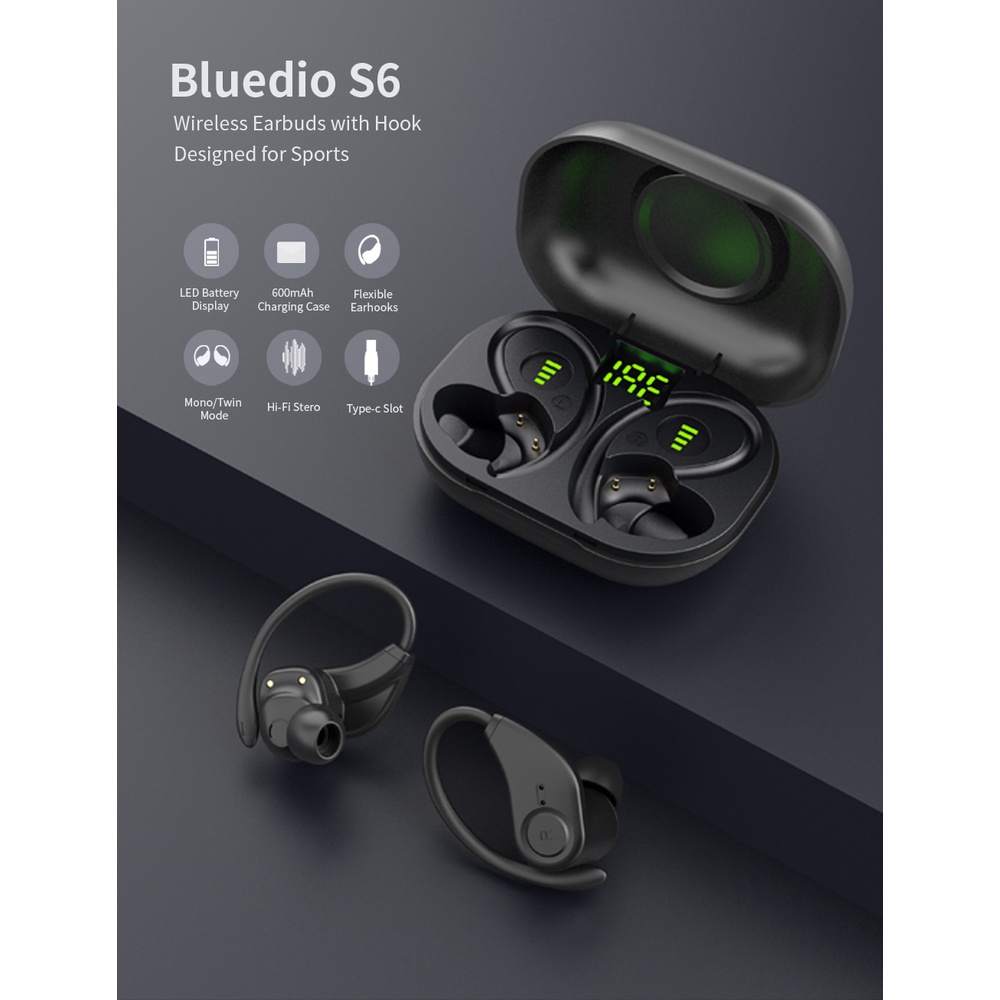 Bluedio S6 Bluetooth Headphone V5.1 TWS Earphone Wireless Ear Hook ...
