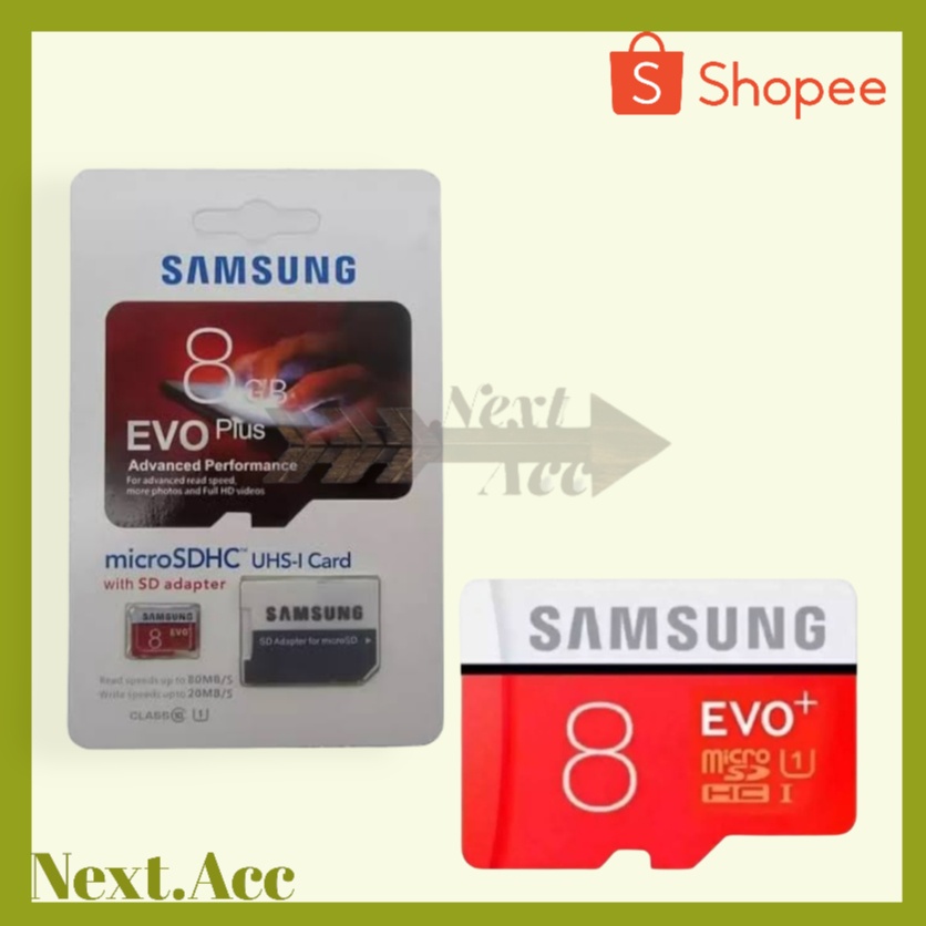 SAMSUNG EVO PLUSH 8GB MEMORY CARD + SAMSUNG MMC MICRO SD ADAPTER