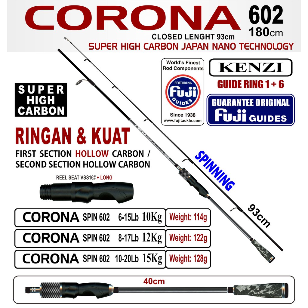 JORAN KENZI CORONA 602 SPINNING Fuji Guides Hollow Carbon 6-15lbs 8-17lbs 10-20lbs
