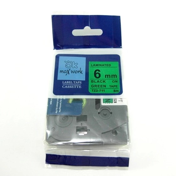 OK MAXWORK เทปพิมพ์อักษร 6 mm  (TZ2-711) พื้นสีเขียว ตัวอักษรสีดำ