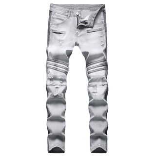 ◐┇New Men s High Street Trend กางเกงยีนส์ขาตรงกางเกง Slim Fit Casual Washed Patchwork Patchwork