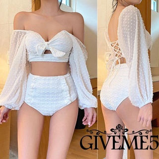 Giveme- ชุดบิกินี่ แขนยาว เปิดไหล่ สีขาว 2 ชิ้น + กางเกงชั้นใน เอวสูง แต่งระบาย สําหรับผู้หญิง