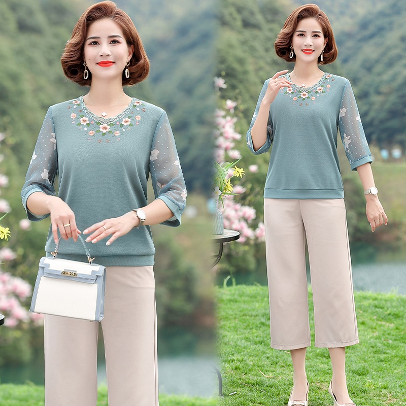 Mom เสื้อยืดแขนสามส่วนสุภาพสตรีฤดูใบไม้ผลิ 2022 ฤดูร้อนใหม่บางเสื้อยืด ...
