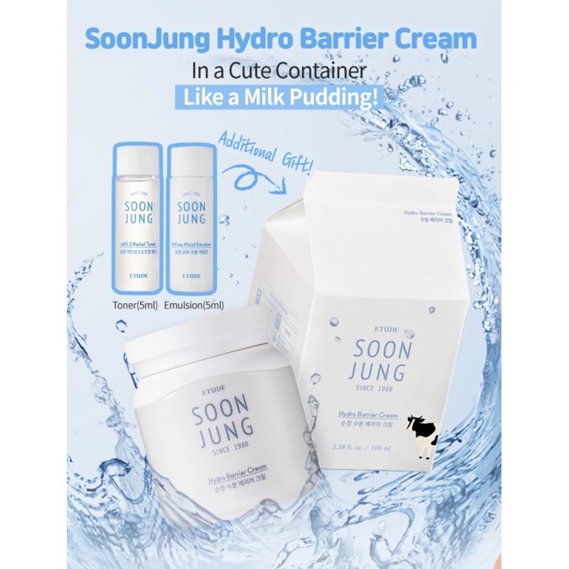 พร้อมส่ง Etude House Soon Jung Hydro Barrier Cream 50ml Free Emulsion, Toner 25ml/ 100ml Free Emulsion,Toner 5ml