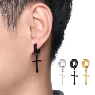 ต่างหู ไม่ต้องเจาะหู ตุ้มหู จิว ไม้กางเขน Cross Huggie Stud Earrings for Men Stainless Steel  - 1 ชิ้น