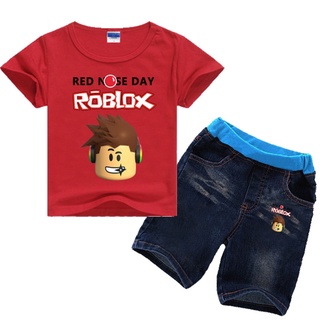 Roblox ชุดเด็ก ชุดเด็กผู้ชาย ชุดเด็กผู้ชาย เสื้อยืดเด็ก กางเกงยีนขาสั้น ชุดเด็ก