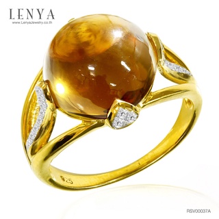 Lenya Jewelry แหวนพลอยวิสกี้ควอตซ์(Whisky Quartz) รูปทรงกลมมน สวยเด่นมีดีไซน์ บนตัวเรือนเงินแท้ชุบทองคำ