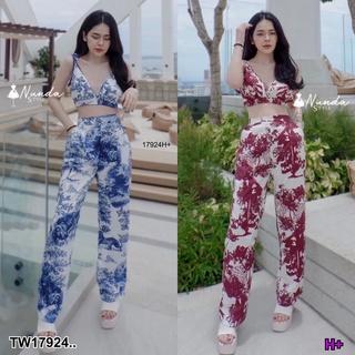 👗Pfashion [ส่งไว!!🚛] P17924 Set 2 ชิ้น เสื้อสายเดี่ยวผูกไหล่ + กางเกงขายาวลายกราฟฟิกเข้าเซต ..