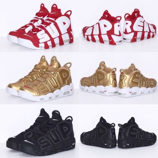 รองเท้าผ้าใบแฟชั่น  Supreme x Nike Air More Uptempo รองเท้าสีขาว สีแดง