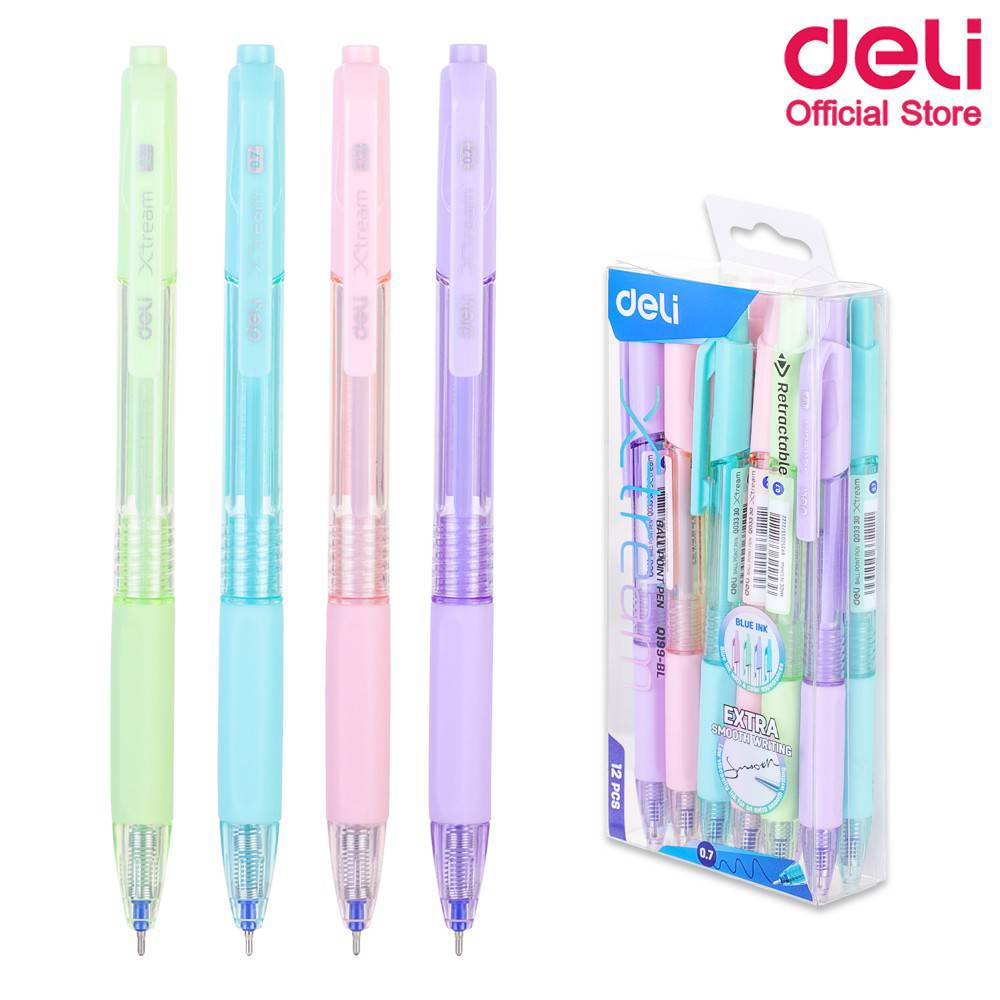 ปากกา Deli Q199-BL หมึกน้ำเงิน Xtream ปากกาลูกลื่น แบบกด ลายเส้น 0.7mm (12ด้าม/กล่อง) พร้อมส่ง