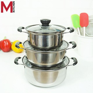 M KITCHEN 1620 ชุดหม้อ 2 หู 3 ใบ ขนาด 16 - 18 - 20 ซม. พร้อม ฝาแก้ว หม้อ หม้อสองหู หม้อด้าม เครื่องครัว (B1)