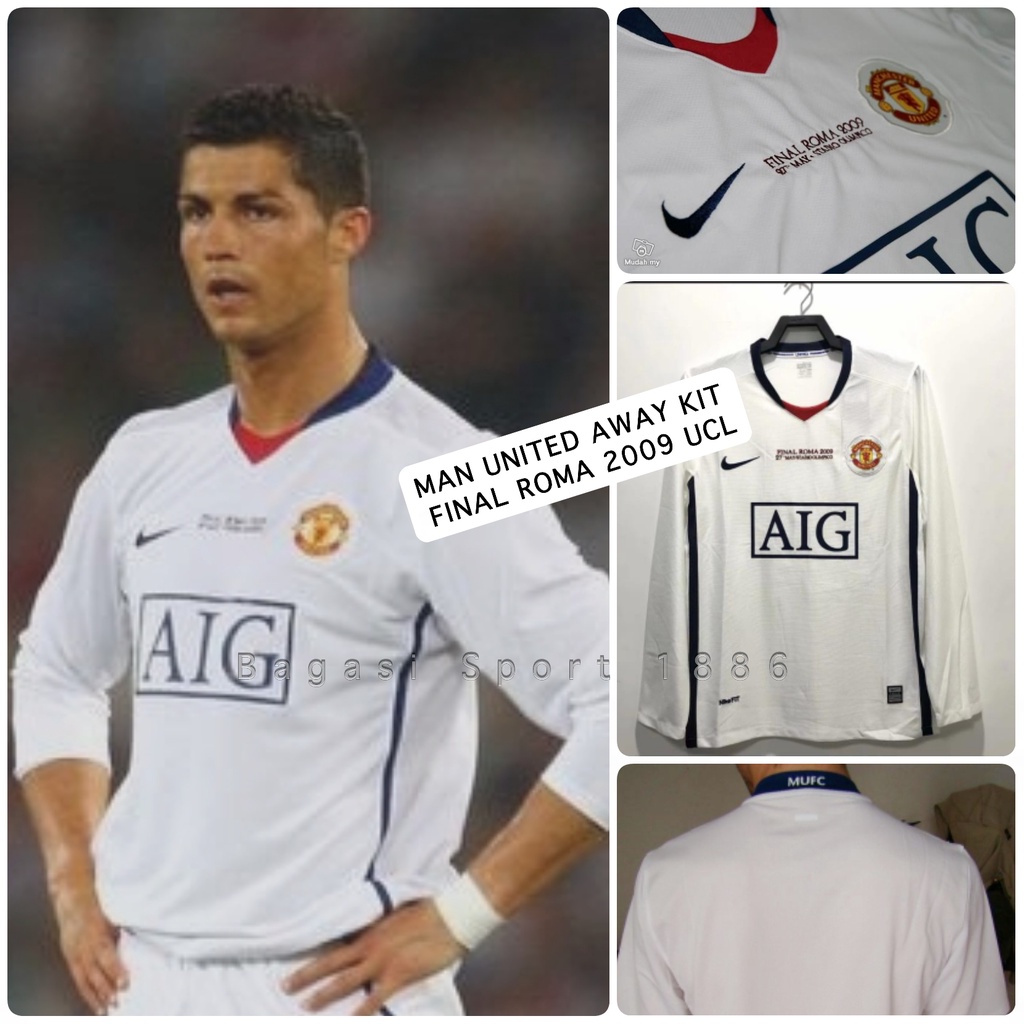 Putih Retro Football Jersey Emyu Man Unaited Away Kit แขนยาว Tandang Final Roma 2009 LS สีขาวแขนยาว 