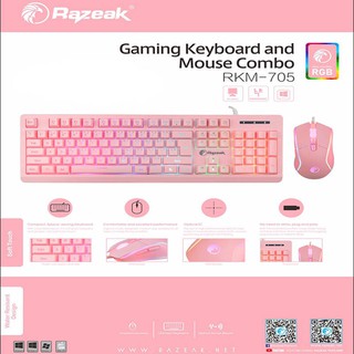 Razeak RKM-705 Set Combo มีไฟ RGB เซต เมาส์พร้อมคีย์บอร์ด สีชมพู[1-Y.