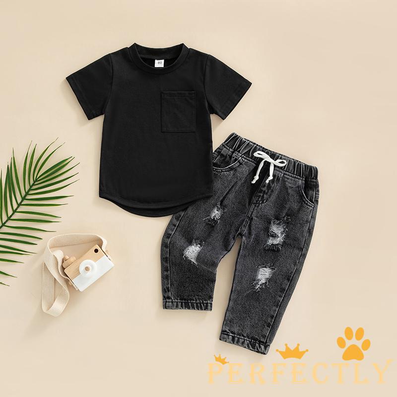 Pef-baby Boys 2 ชิ้นชุด,สีทึบรอบคอเสื้อยืดแขนสั้น + กางเกงยีนส์ฉีกกางเกงยีนส์