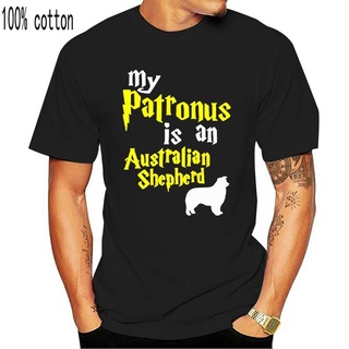 เสื้อยืดลําลอง แขนสั้น พิมพ์ลาย My Patronus Is A Australian Shepherd Dog 2Q2 สีดํา สําหรับผู้ชายS-5XL