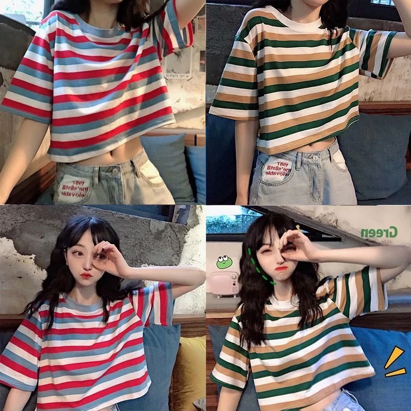 ✨Fairy style✨เสื้อยืดเอวลอย ลายทาง สไตล์เกาหลี #9335