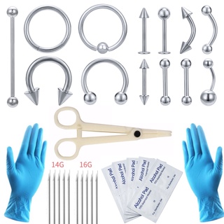 36 PCS Professional Body Piercing Tool Kit Stainless Steel Lip Eyebrow Piercings Anti Allergy Tragus Nose Rings Piercings Set