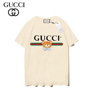 Gucci แฟชั่นเสื้อยืดแขนสั้นผ้าฝ้ายพิมพ์ลายสําหรับ Unisex