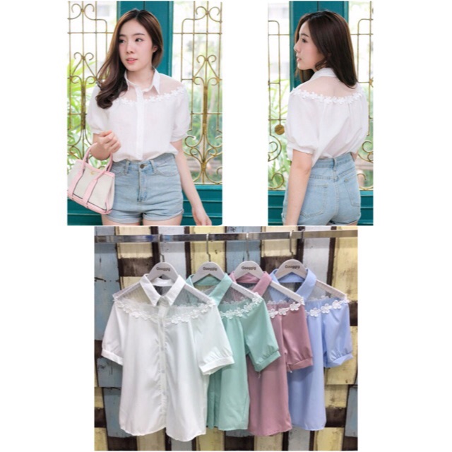 Feminine_Koncept เสื้อเชิ้ต สไตล์เกาหลี แขนสั้น ลูกไม้ ซีทรู ลายดอก