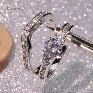 แหวนหมั้นผู้หญิง cubic zirconia สีเงิน 2 ชิ้น/ล็อต