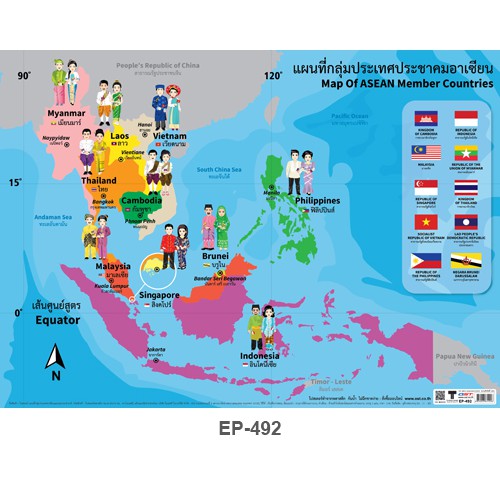 โปสเตอร์พลาสติก PP แผนที่ & ชุดประจำชาติกลุ่มประเทศอาเซียน #EP-492