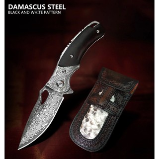 มีดพับ มีดพก มีดแคมป์ pocket knife TURENZ พรี่เมี่ยมเกรด ใบ 2.8" เหล็ก Damascus VG10 ด้ามไม้ สวยคลาสสิค พร้อมเคสหนังแท้