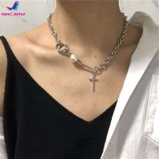 INS Wild Pearl Cross Necklace Niche Design Street Fashion Brand Clavicle Chain Women Accessories