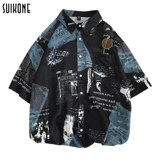 Suikone เสื้อเชิ้ตแขนสั้นผู้ชายฤดูร้อนใหม่หลวมสไตล์เกาหลีสไตล์ดอกไม้