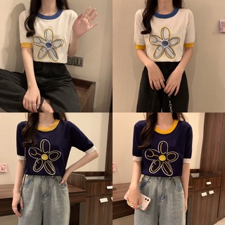 ttshop🌟พร้อมส่ง🌟 เสื้อไหมพรมแขนสั้นคอกลม ลายดอกไม้น่ารักคิ้วๆสุดๆ (9517)