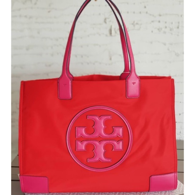 กระเป๋า Tory Burch Ella Color-Block Nylon &amp; Leather Tote Red/Azalea 52460