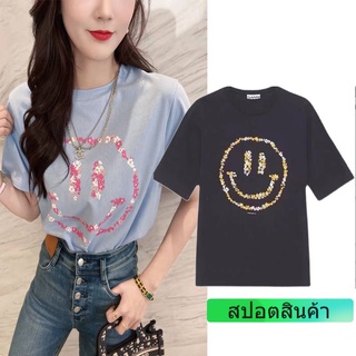 Ganni เสื้อยืด แขนสั้น พิมพ์ลายหน้ายิ้ม น่ารัก คลาสสิก ฤดูร้อน สําหรับผู้หญิง