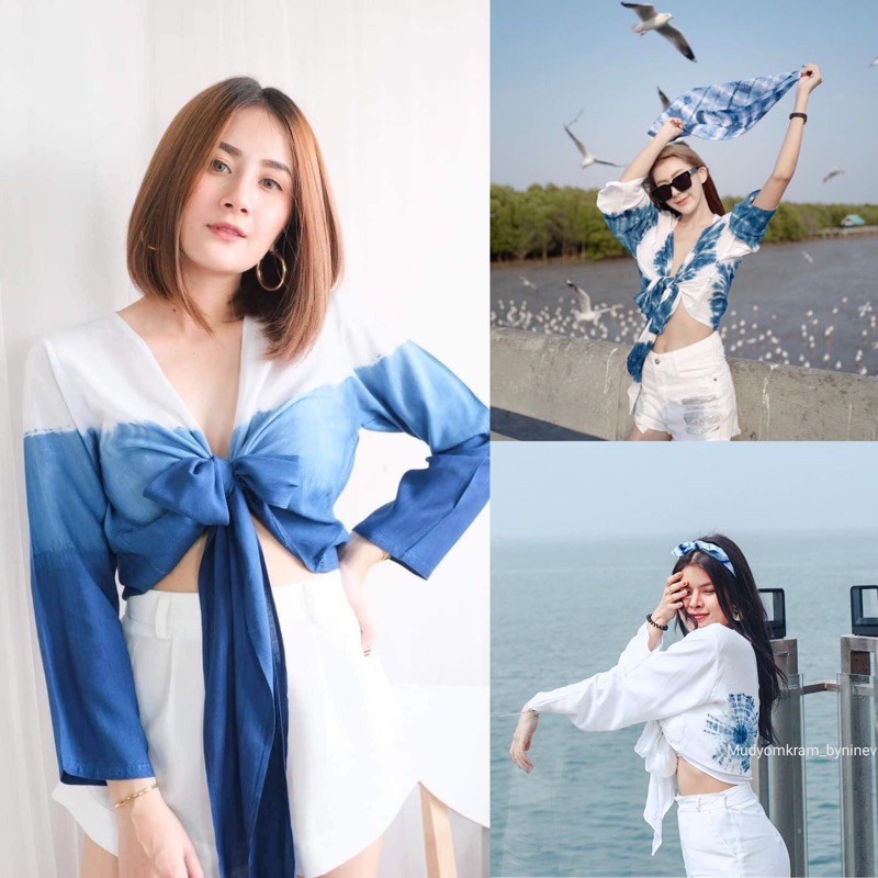เสื้อมัดย้อม แขนยาวผูกเอว new arrival แจ้งลายทางแชทค่ะ