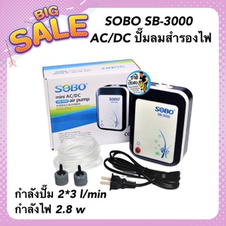 SOBO SB-3000 AC/DC ปั๊มลมสำรองไฟ มีแบตเตอรี่ในตัว กำลังลม 2*3l/min กำลังไฟ 2.8 w