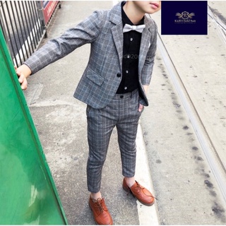 Cute Boy Suit ชุดสูท เด็ก ชุดเซท 2 ชิ้น Korean Style พร้อมถุงสูท ไม้แขวน เสื้อสูท+กางเกงเอวยางยืด ขนาด 90 ถึง 140 หรื...