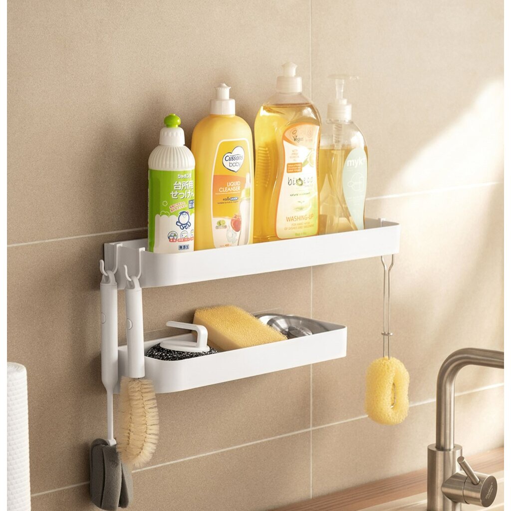 Omocha - Plastic shelf ชั้นวางของติดผนัง ชั้นติดผนังในห้องน้ำและห้องครัว ไม่เจาะ (แถมกาวตะปู)