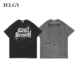 Ielgy เสื้อยืด แขนสั้น พิมพ์ลายตัวอักษร แนวสตรีท โอเวอร์ไซซ์ สําหรับผู้ชาย