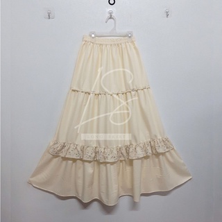 SK-A87 Long Skirt กระโปรงผู้หญิง กระโปรง3ชั้น ด้าหน้าแต่งระบายด้วยผ้าลายดอก กระโปรงยาว เอวสูง ใส่เอวยางยืด