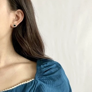 ชุดสร้อยคอ ต่างหู สเตนเลส จี้เพทาย รูปใบโคลเวอร์สี่แฉก สองด้าน