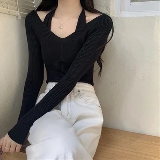 MYGRILSHOPเสื้อถักแขนยาวสายผูกคล้องคอK279-1