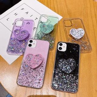 For iPhone 6 6S 7 8 Plus X XS MAX XR 11 Pro MAX Bling Glitter Silver Foil Star Soft TPU Phone Case With Love Heart Bracket