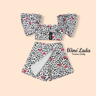 s et 2 Pcs. เซ็ทเสื้อลายน้อลวัวแซมดอกกุหลาบ ช่วงแขนปล่อยระบาย หน้าอกเสริมฟองน้ำอย่างดี