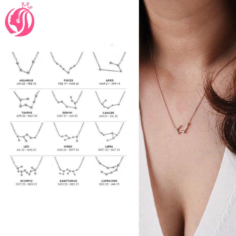 Silver Zodiac Constellation Necklace Crystal Horoscope Astrology jewelry