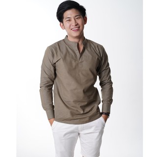 เสื้อเชิ้ต smart.shirt สีเขียวใบตองแก่ คอผ่า แขนยาว