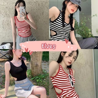 Elves✨พร้อมส่ง✨ เสื้อกล้ามไหมพรม ลายทางดีเทล เว้าเอวสุดเซ็กซี่ ~A498~ -C