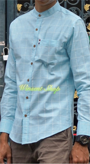 เสื้อเชิ้ตคอจีนตารางแขนยาวผ้าoxford ทรงสลิม รูปที่ 6